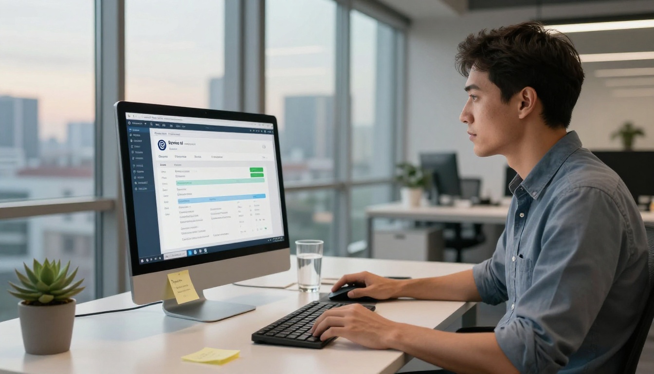 Business owner checking review dashboard at office desk