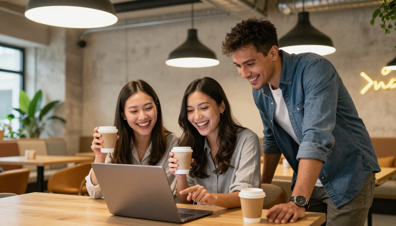 Diverse team celebrating positive customer feedback on laptop