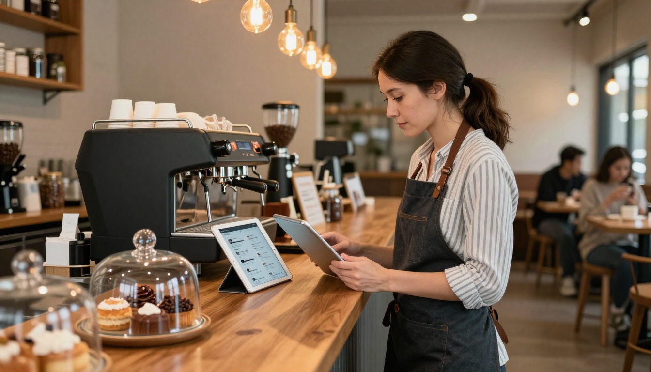 Coffee shop owner checking customer reviews on tablet at counter