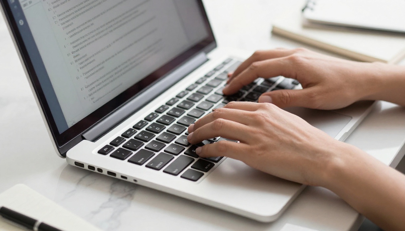 Close-up of hands typing a personalized review reply on laptop keyboard