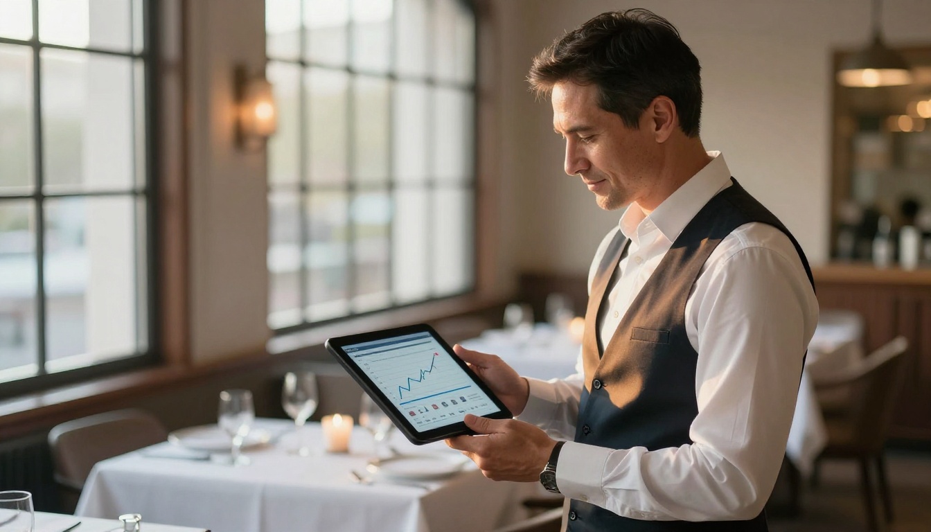 Restaurant manager reviewing customer satisfaction analytics on tablet
