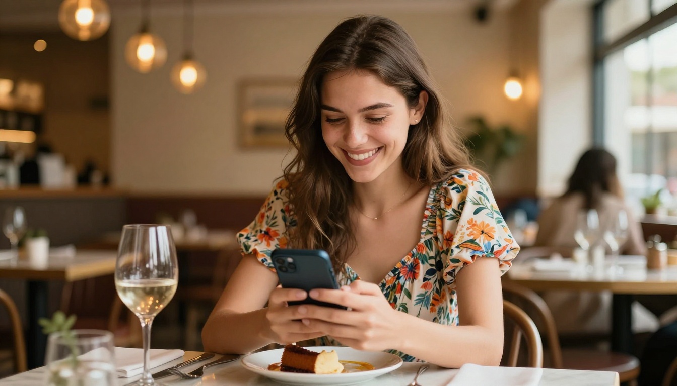 Happy customer leaving a positive review on smartphone at restaurant Happy customer leaving a positive review on smartphone at restaurant