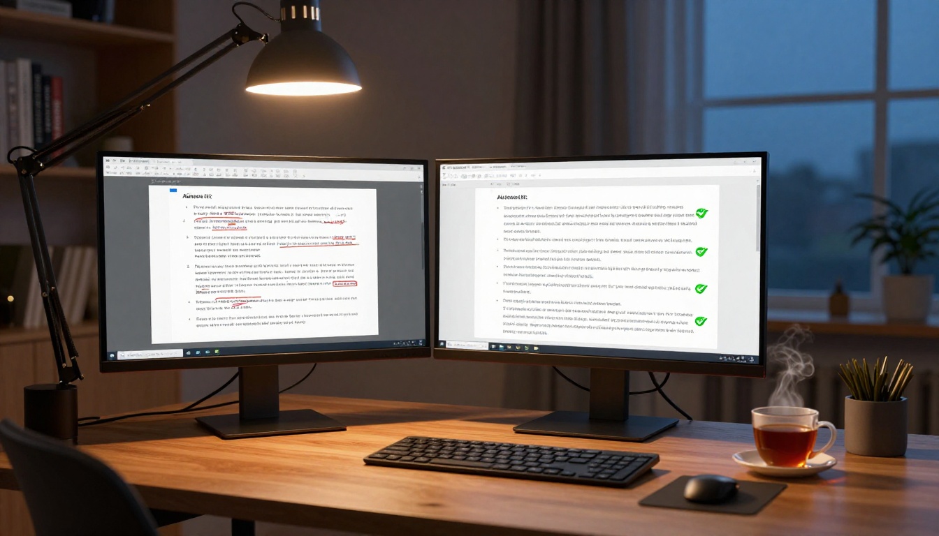 Modern home office showing dual monitors with manual vs AI-generated review replies Modern home office showing dual monitors with manual vs AI-generated review replies