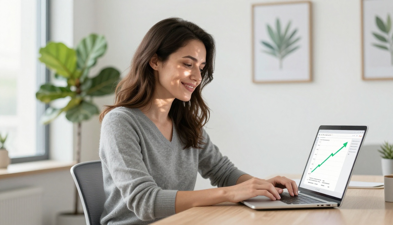 Business professional satisfied while reviewing positive metrics on laptop Business professional satisfied while reviewing positive metrics on laptop