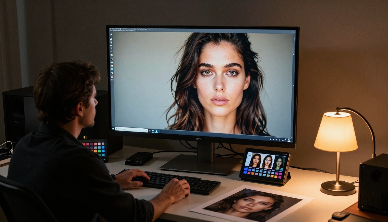 Professional photographer reviewing ultra-high-resolution portrait on a large monitor in a dimly lit editing suite
