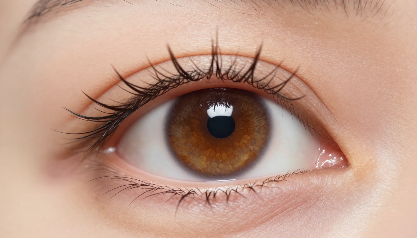 Extreme macro close-up of a human eye with individually sharp eyelashes, iris crystalline detail, and fine skin texture visible with pores