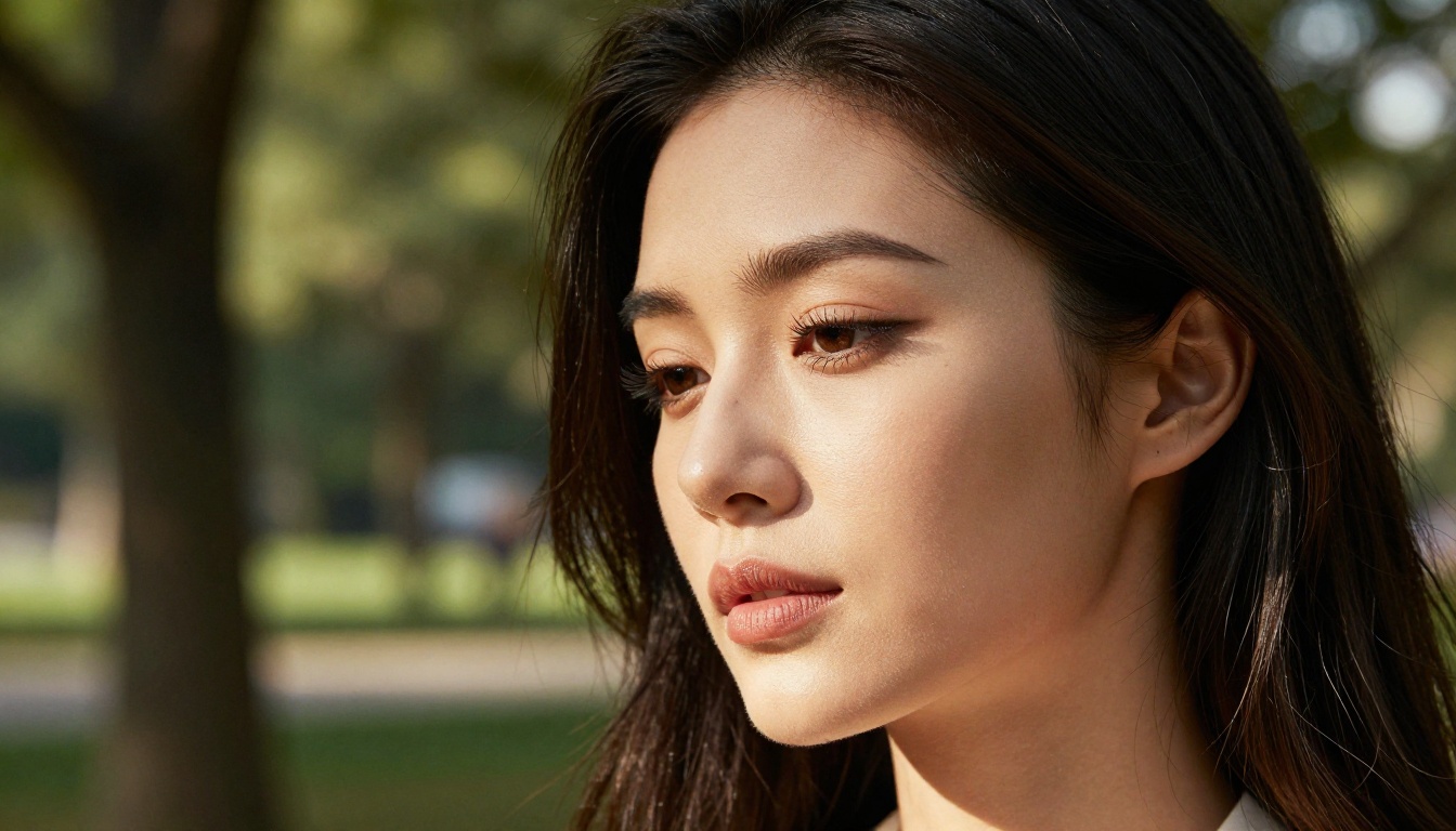 Low-angle portrait of a confident woman outdoors, dappled sunlight creating bokeh circles in the background, face sharply in focus with every skin pore visible