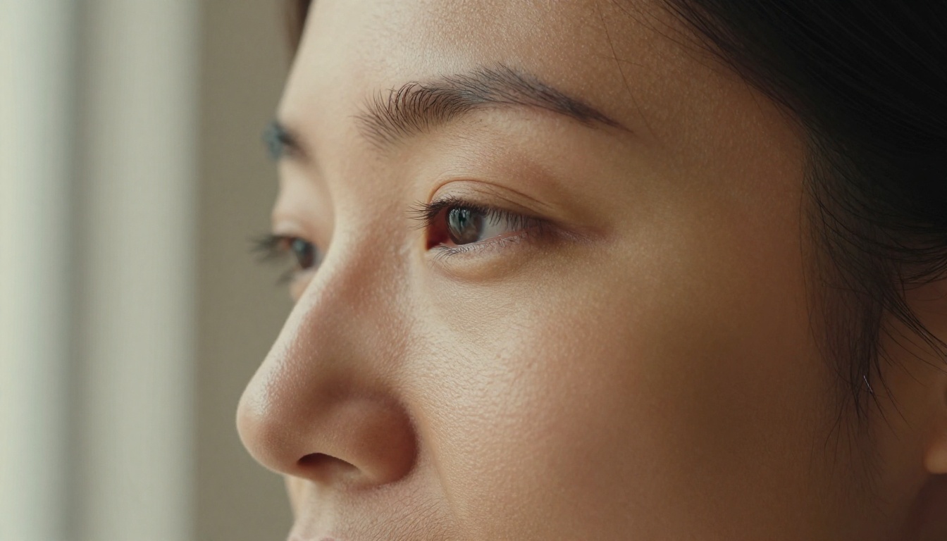 Close-up detail of a woman's face showing natural skin texture with pores, peach fuzz, and subtle pigmentation, rendered without digital smoothing