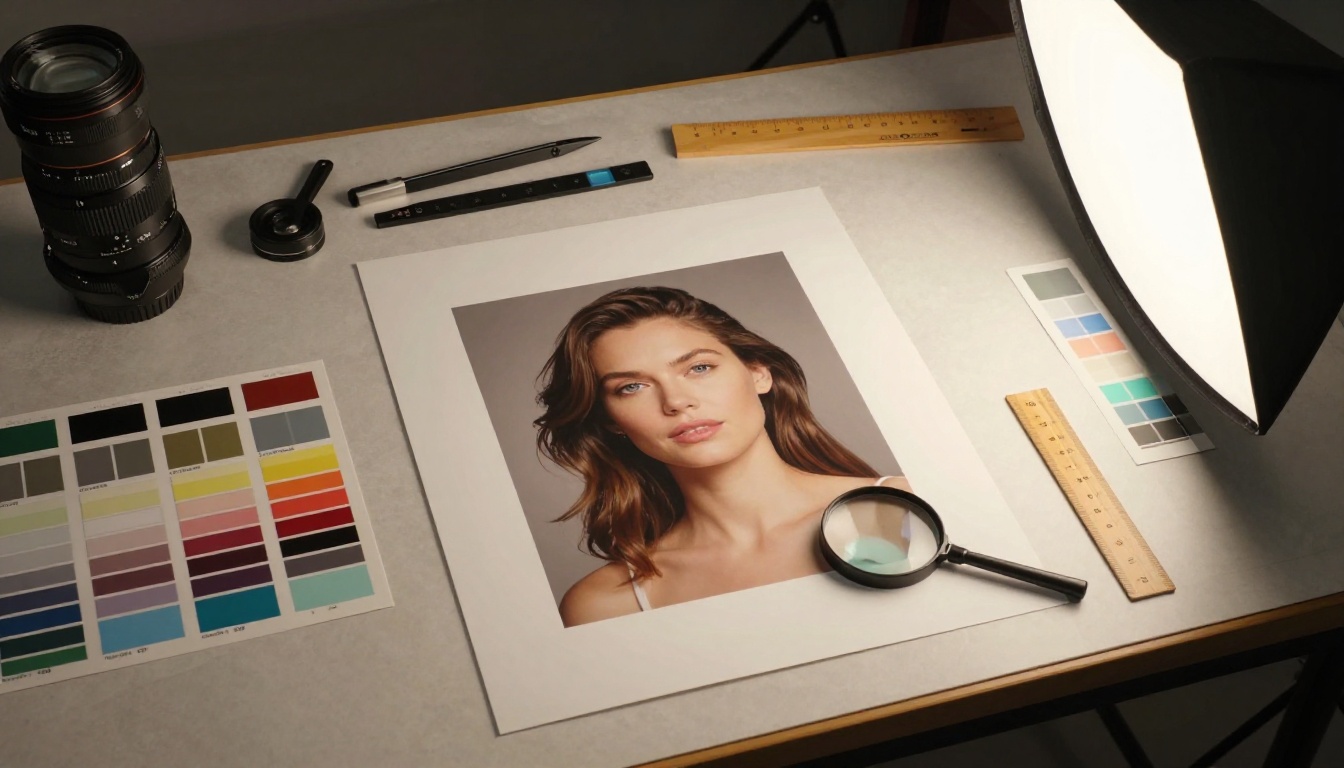 Overhead aerial view of a professional portrait photography workspace with large format print on light table, loupe magnifier, and color calibration swatches
