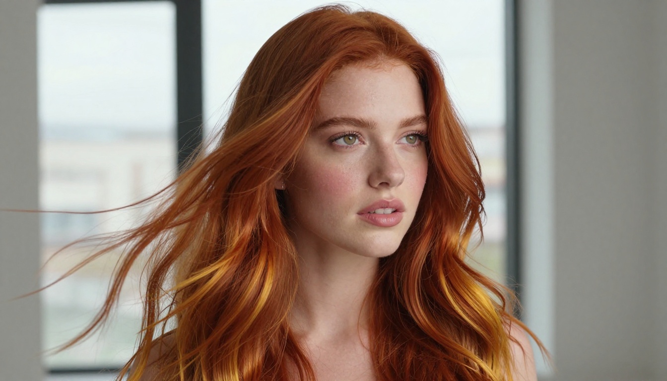 Portrait of a young woman with flowing auburn hair, individual strands showing rich color variation from copper to amber highlights, shot with cool north-facing window light