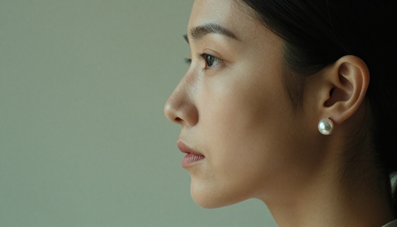 Side profile portrait of a woman with sharp precise facial features, clean edge boundary against soft sage green background, pearl earring in perfect focus