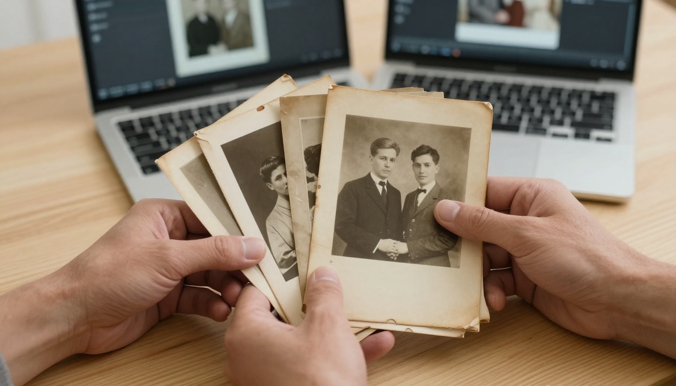 Person's hands holding a stack of old sepia-toned family photographs beside a modern laptop displaying an AI photo restoration interface