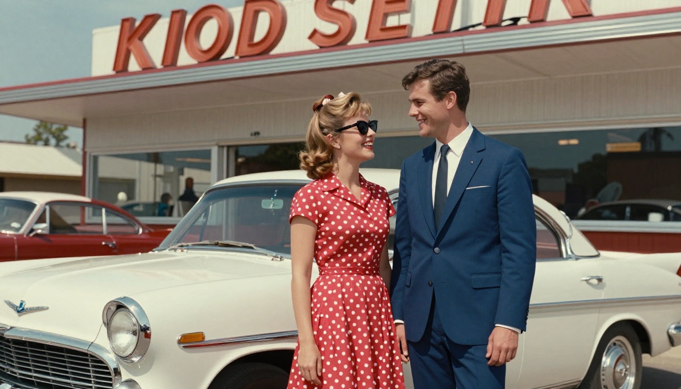 AI-restored 1960s couple standing at a classic American diner showing stunning HD clarity with rich natural colors and photorealistic fabric and skin detail