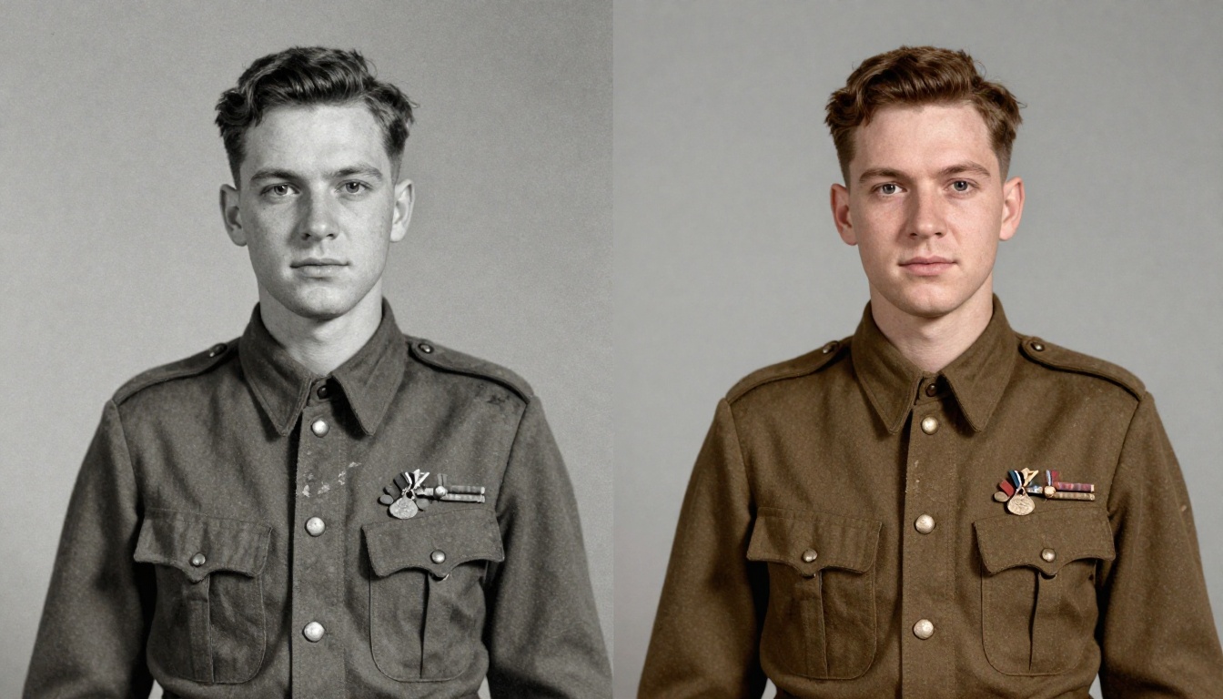 Split-screen comparison of a damaged 1940s military portrait before and after AI upscaling to full HD clarity, showing medal ribbon and uniform detail