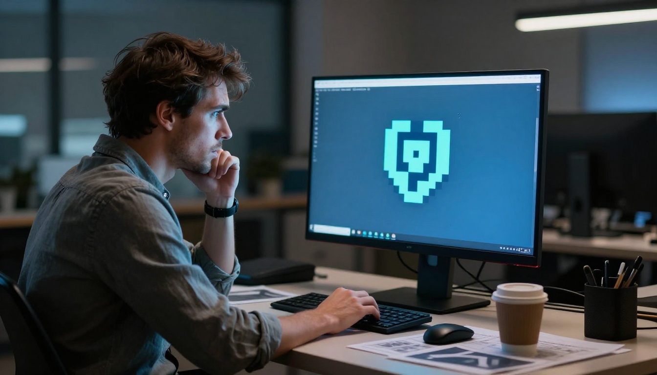 Frustrated graphic designer with pixelated logo displayed on screen