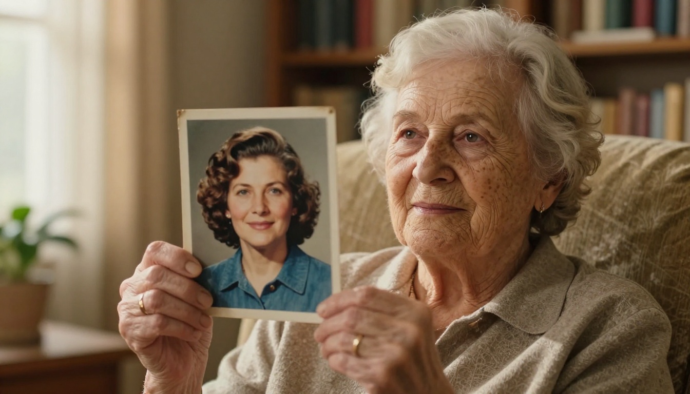 Elderly woman in a cozy living room armchair holding a restored HD photograph of herself as a young woman from the 1960s, both faces visible in frame