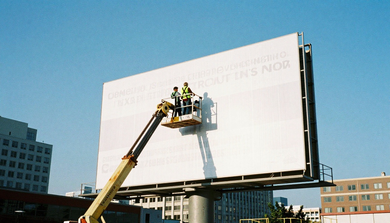 Billboard installation crew securing a large vinyl banner to a steel structure