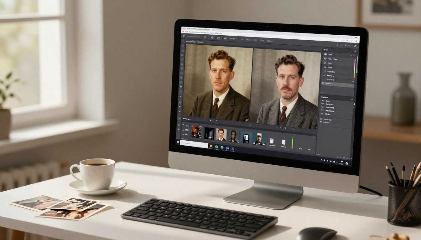 Modern desktop monitor displaying AI photo restoration software with side-by-side before-and-after comparison of a vintage 1940s portrait being processed Modern desktop monitor displaying AI photo restoration software with side-by-side before-and-after comparison of a vintage 1940s portrait being processed