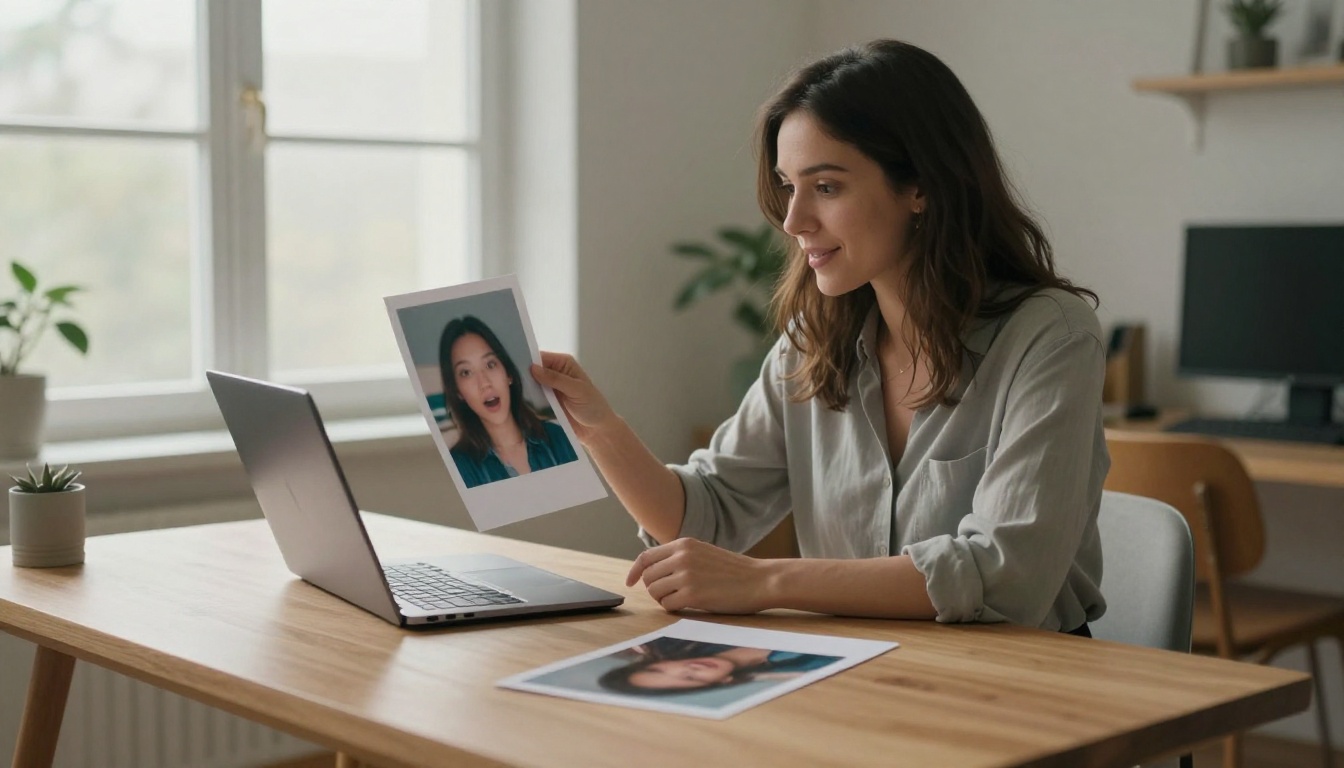Woman at desk comparing blurry vs. sharp photo on laptop Woman at desk comparing blurry vs. sharp photo on laptop
