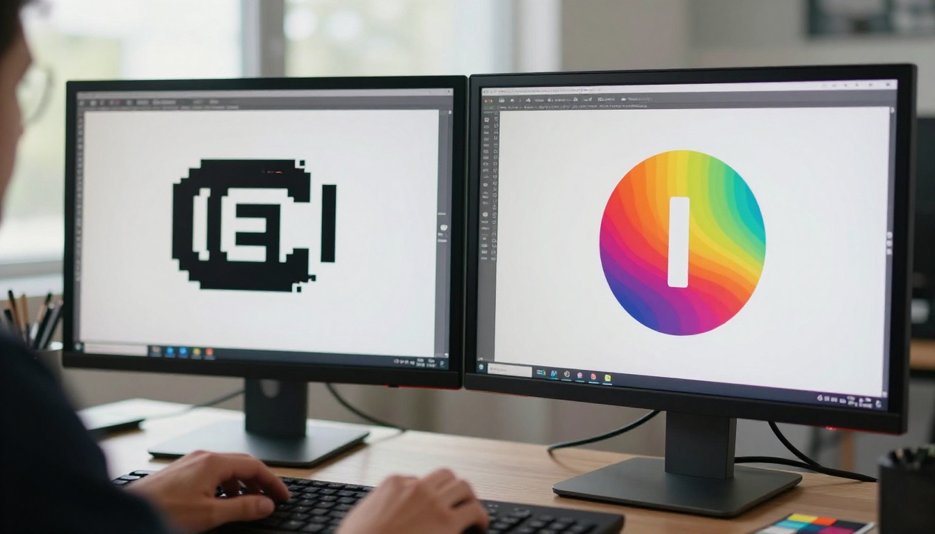 Before and after logo quality comparison on a professional monitor