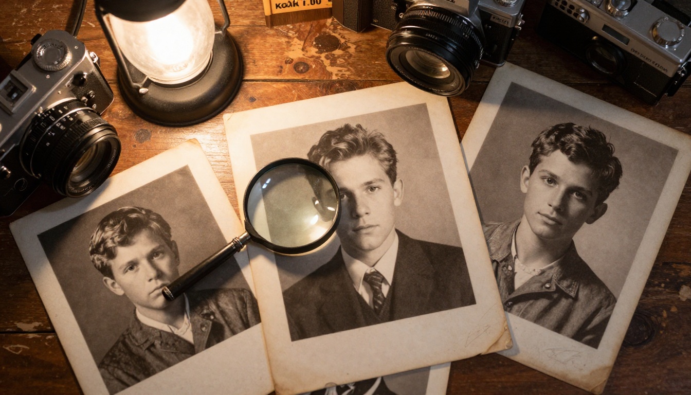 Overhead shot of vintage photos on desk with magnifying glass Overhead shot of vintage photos on desk with magnifying glass