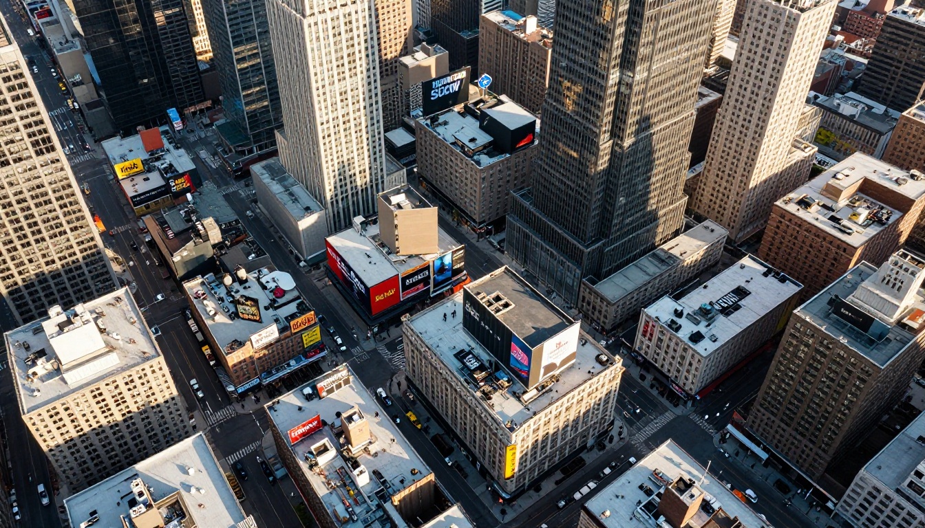 Aerial drone view of a metropolitan downtown with multiple sharp billboard displays