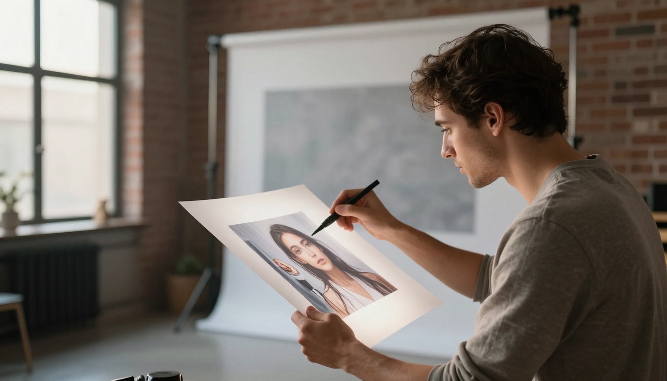 Low-angle photographer examining portrait on light table Low-angle photographer examining portrait on light table