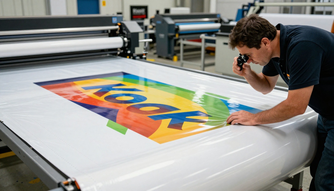 Quality control inspector using a loupe to check print resolution on vinyl