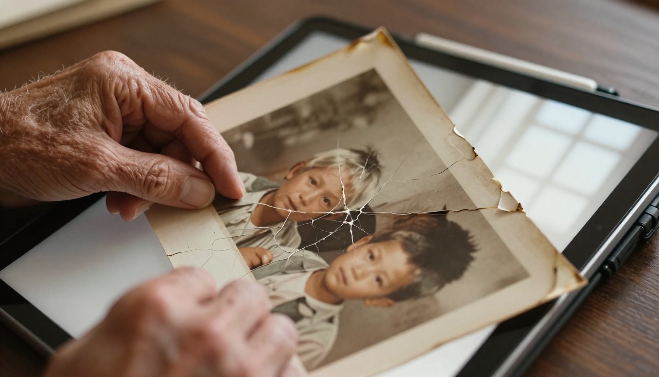 Aged hands holding sepia photo over tablet showing restored version Aged hands holding sepia photo over tablet showing restored version