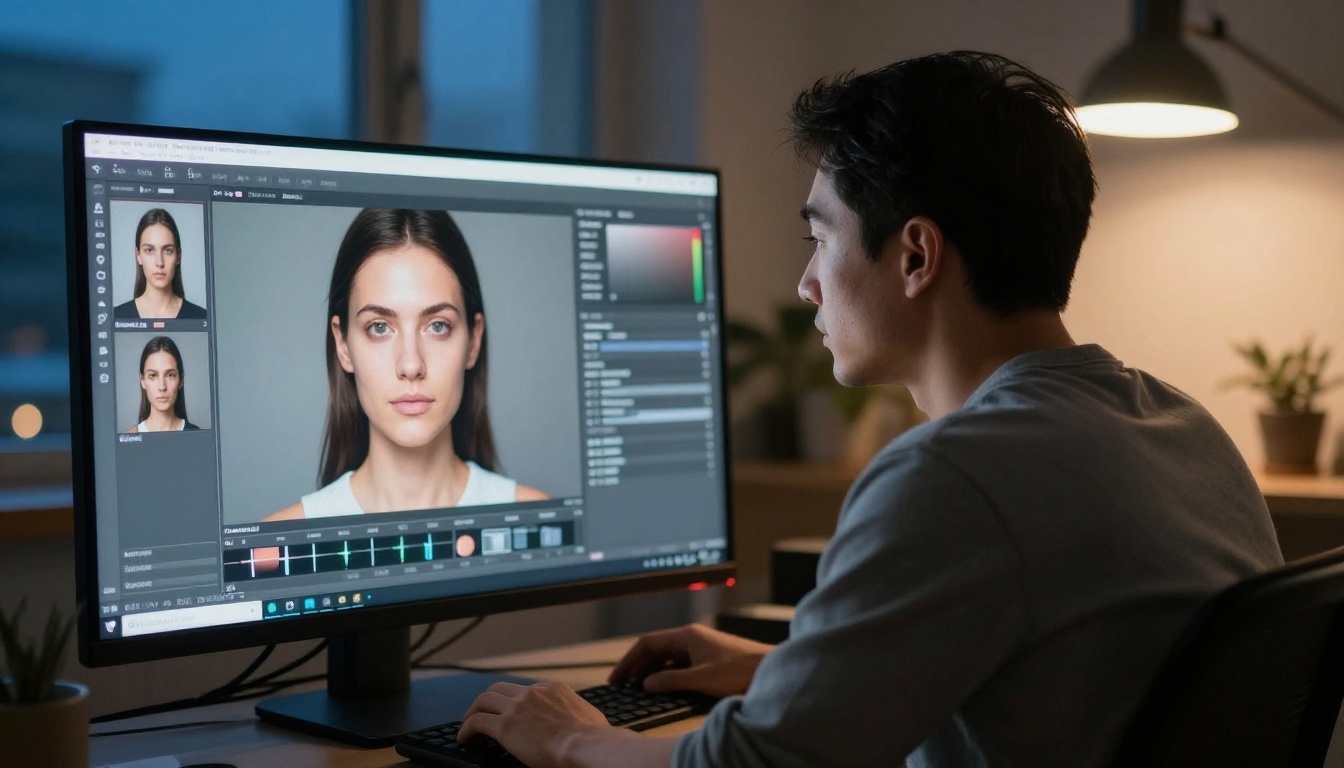 Man at monitor with face restoration interface on screen