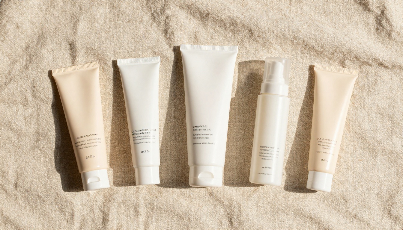 Skincare product bottles in flat-lay arrangement on natural linen textile