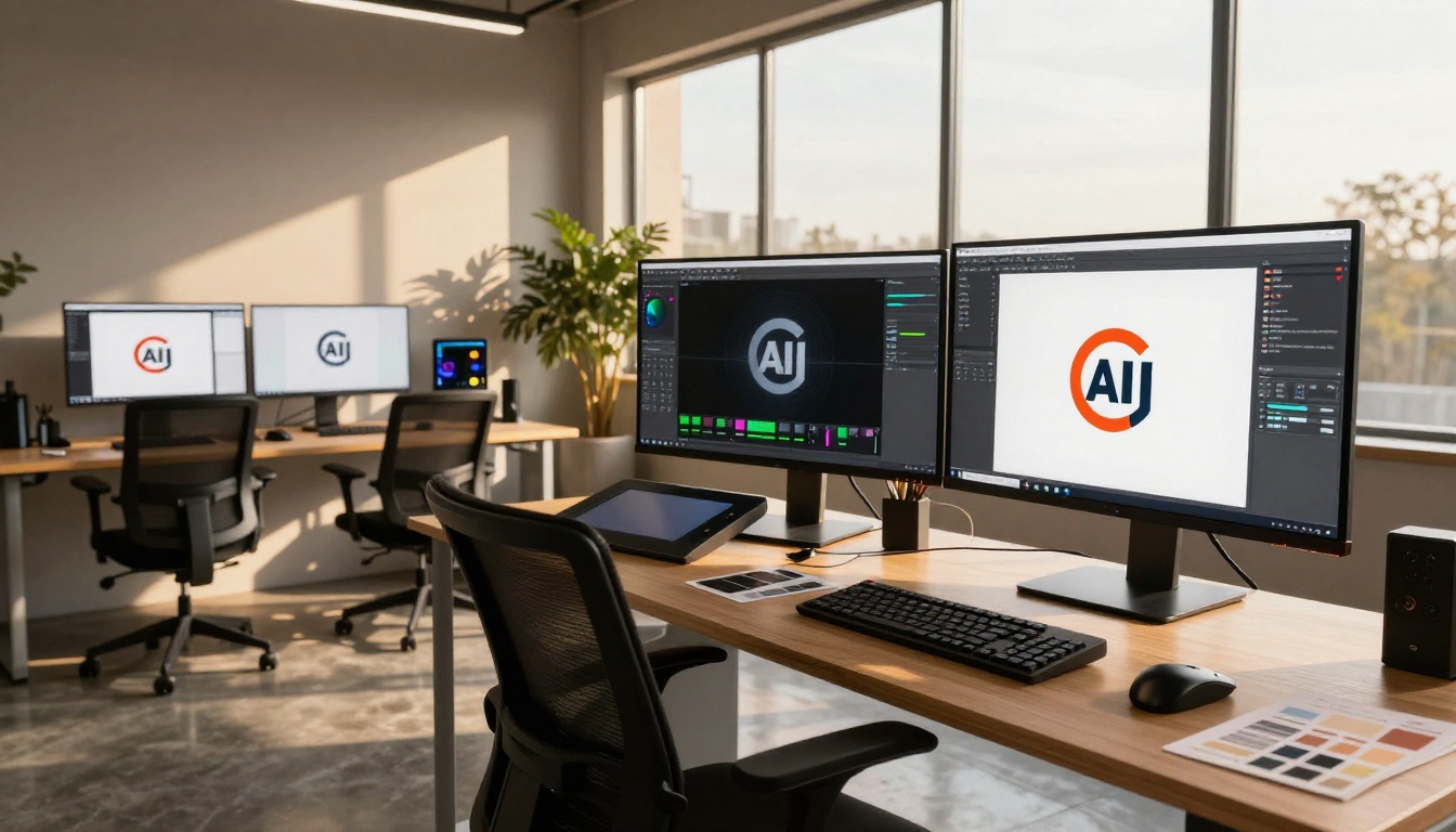 AI upscaling workflow displayed across multiple monitors in a design studio