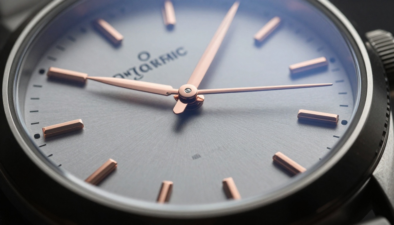 Luxury wristwatch macro shot showing dial detail, hour markers, and sapphire crystal reflection