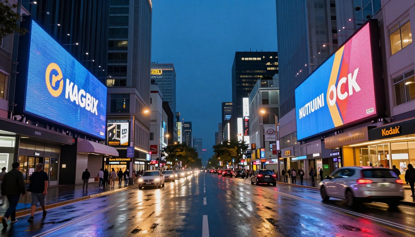City boulevard at blue hour with illuminated billboard panels showing crisp logo graphics