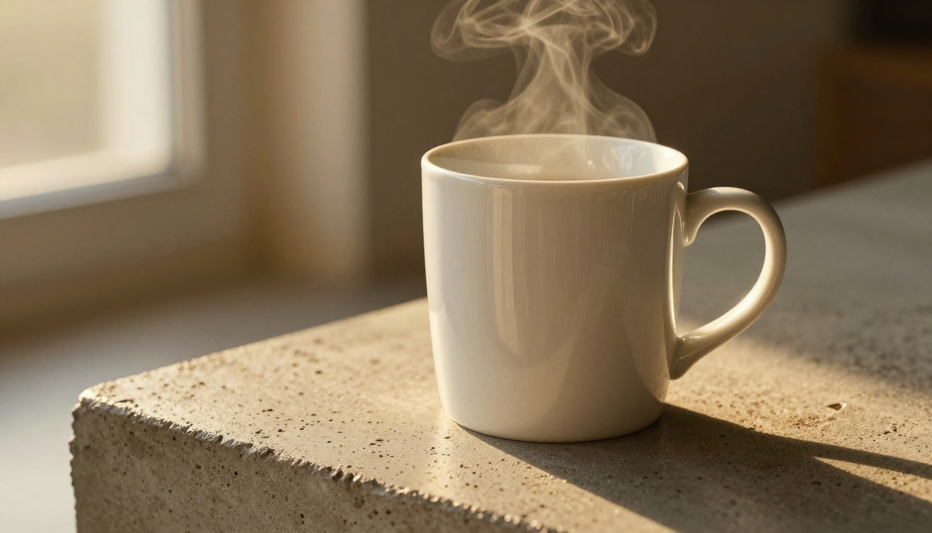 White ceramic coffee mug on rough concrete countertop in warm morning light