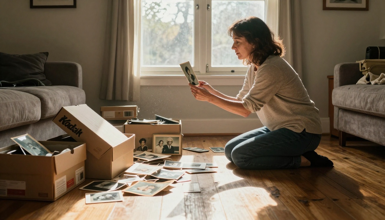 Woman searching through shoeboxes of old family photos