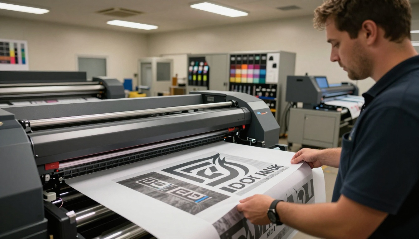 Professional large format print operator reviewing a billboard-resolution test strip