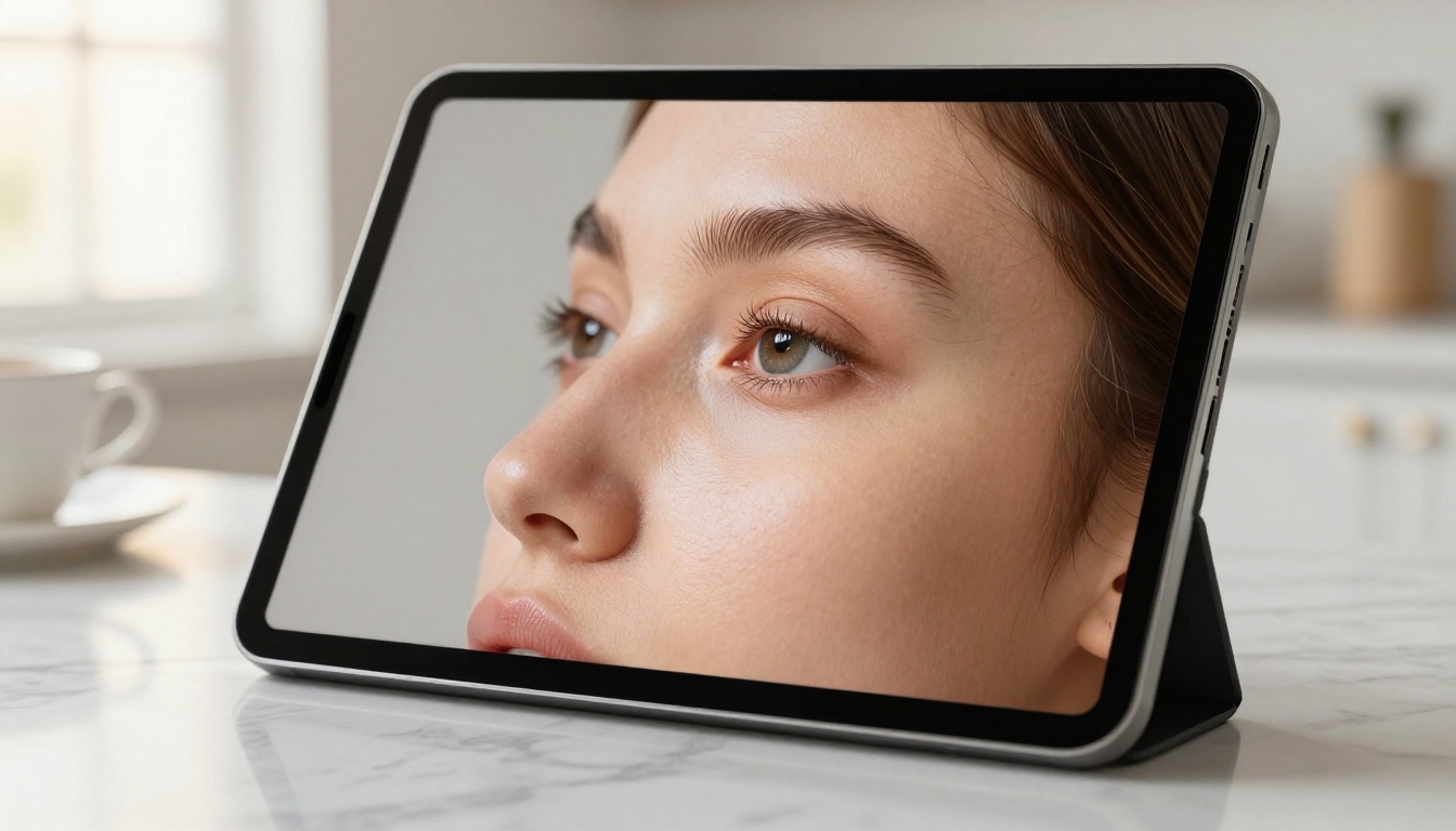 Young woman's sharp face profile on tablet screen, marble counter