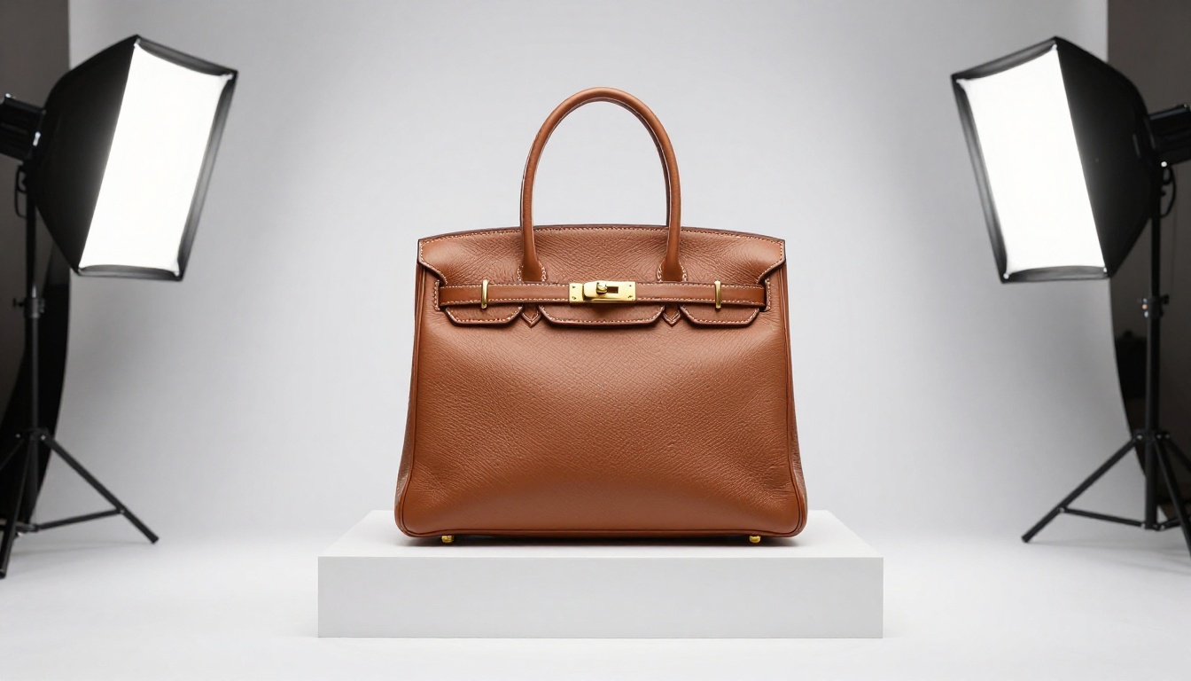 Caramel brown leather handbag centered on white studio backdrop with softbox lighting