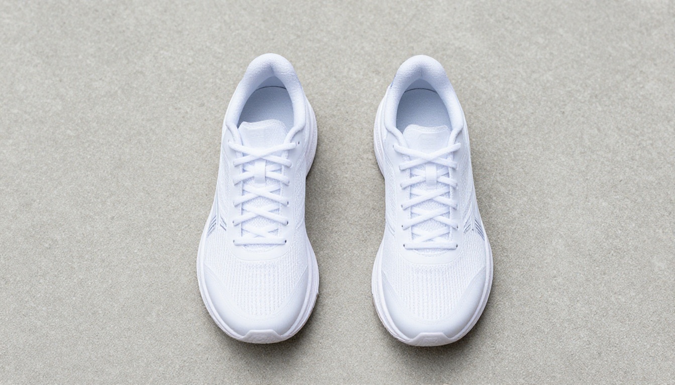 Overhead flat-lay of white running shoes on textured gray concrete surface