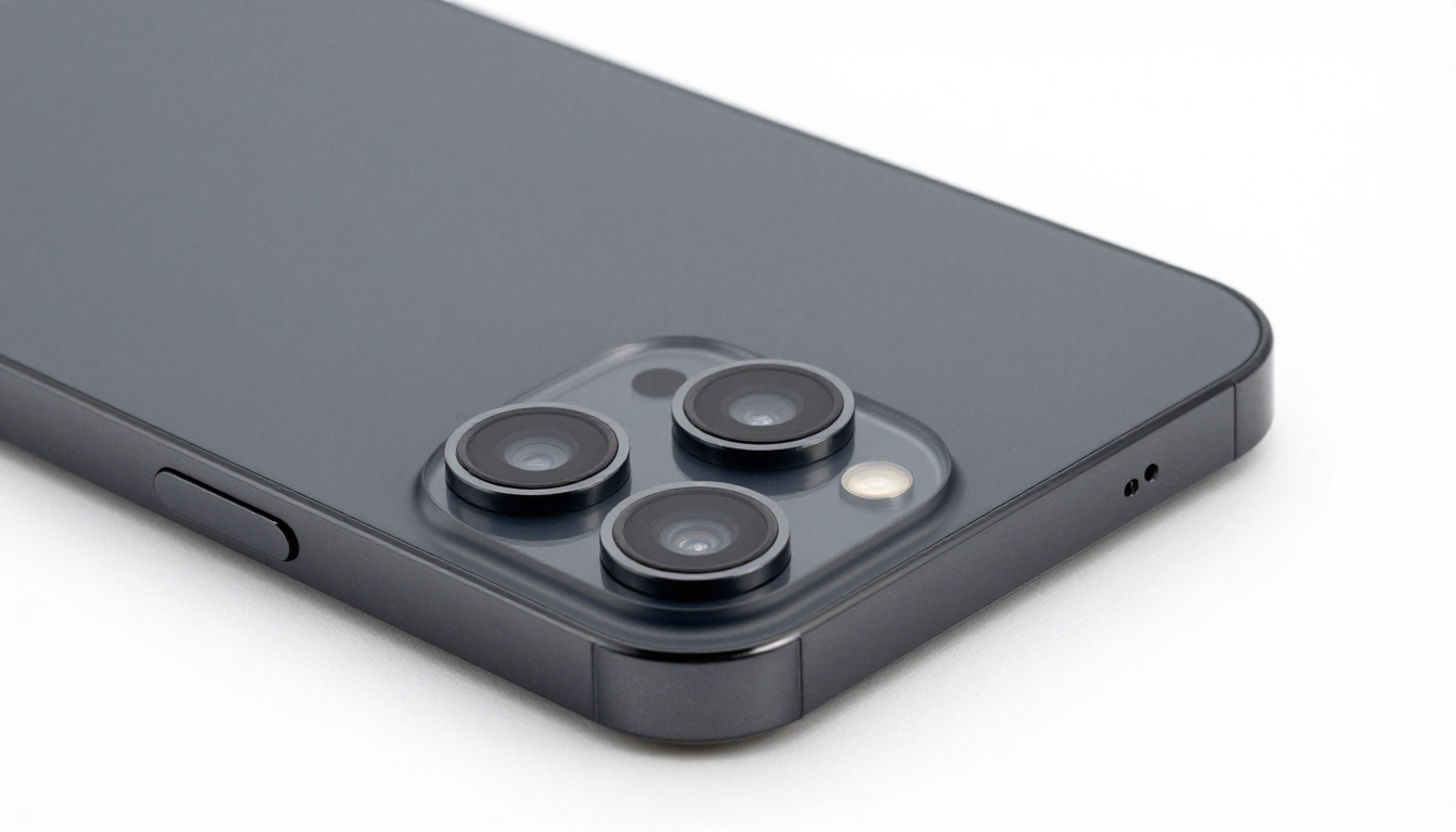 Matte black smartphone flat product shot showing precision triple-camera module detail