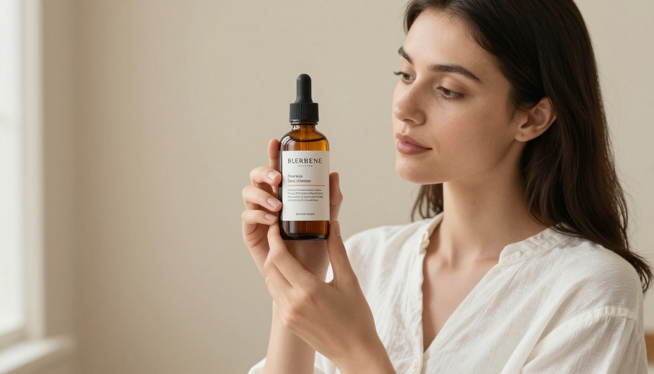 Lifestyle shot of woman holding amber glass skincare serum bottle against beige wall