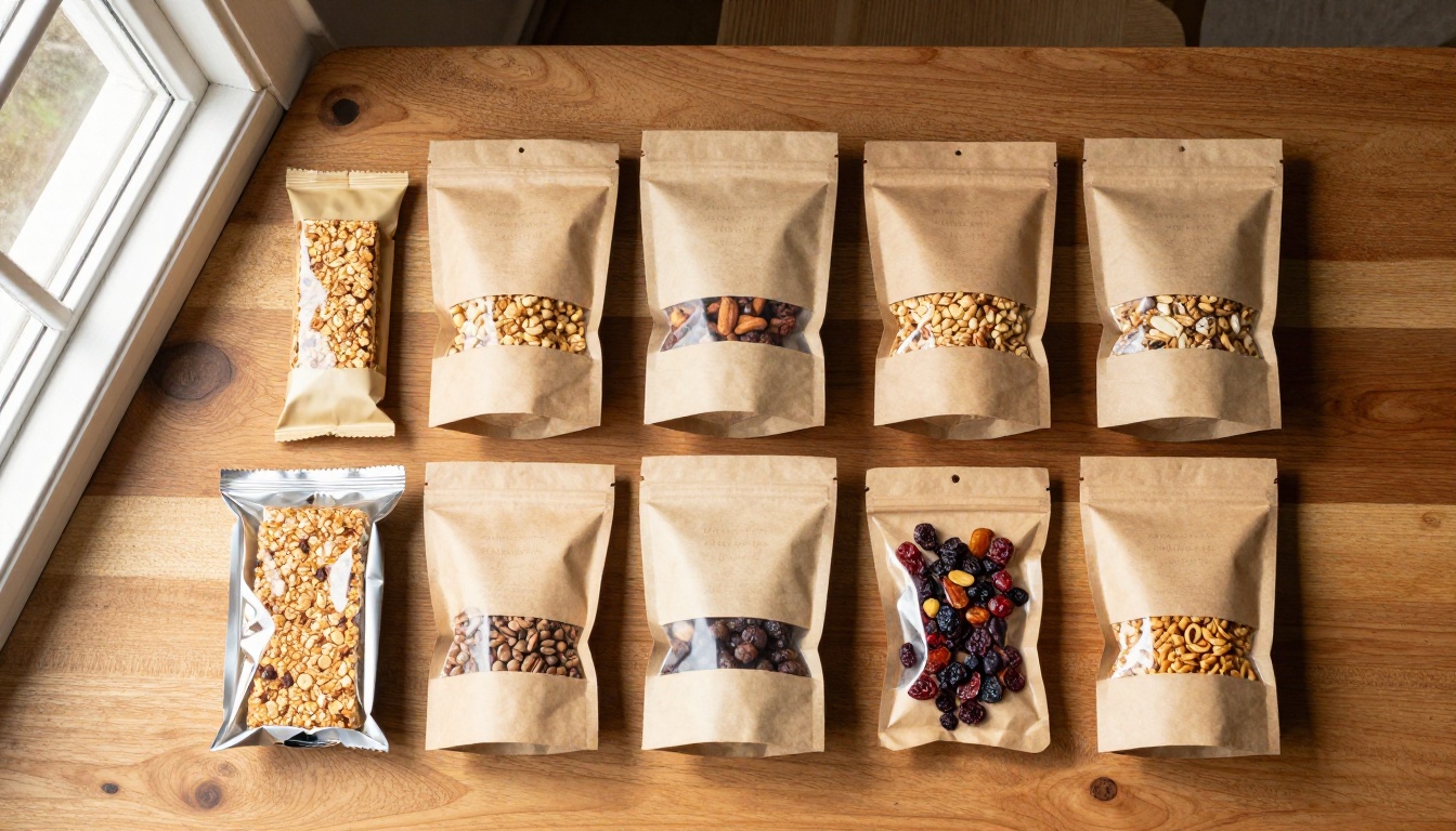 Artisan food products in kraft paper packaging arranged on warm oak cutting board