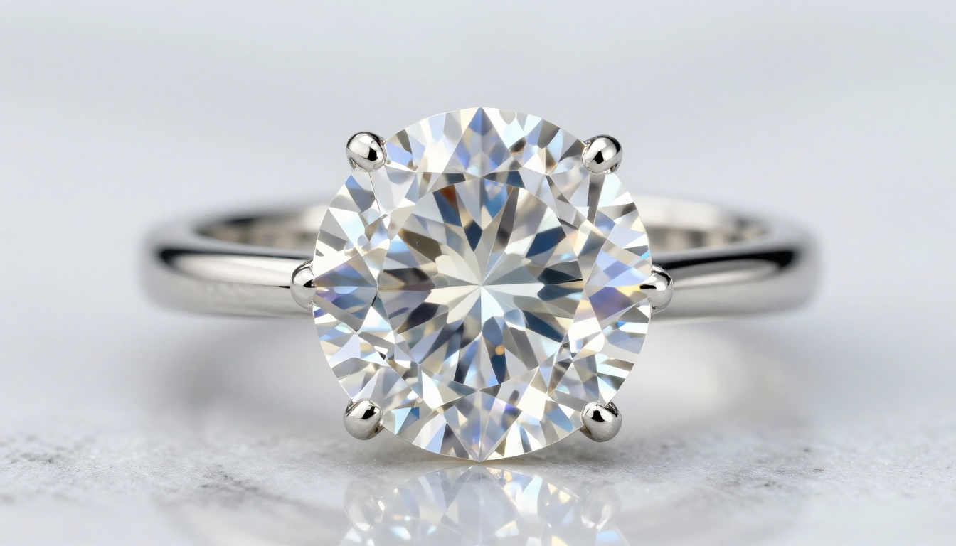 Diamond engagement ring macro showing individual facets and white gold band reflection in marble
