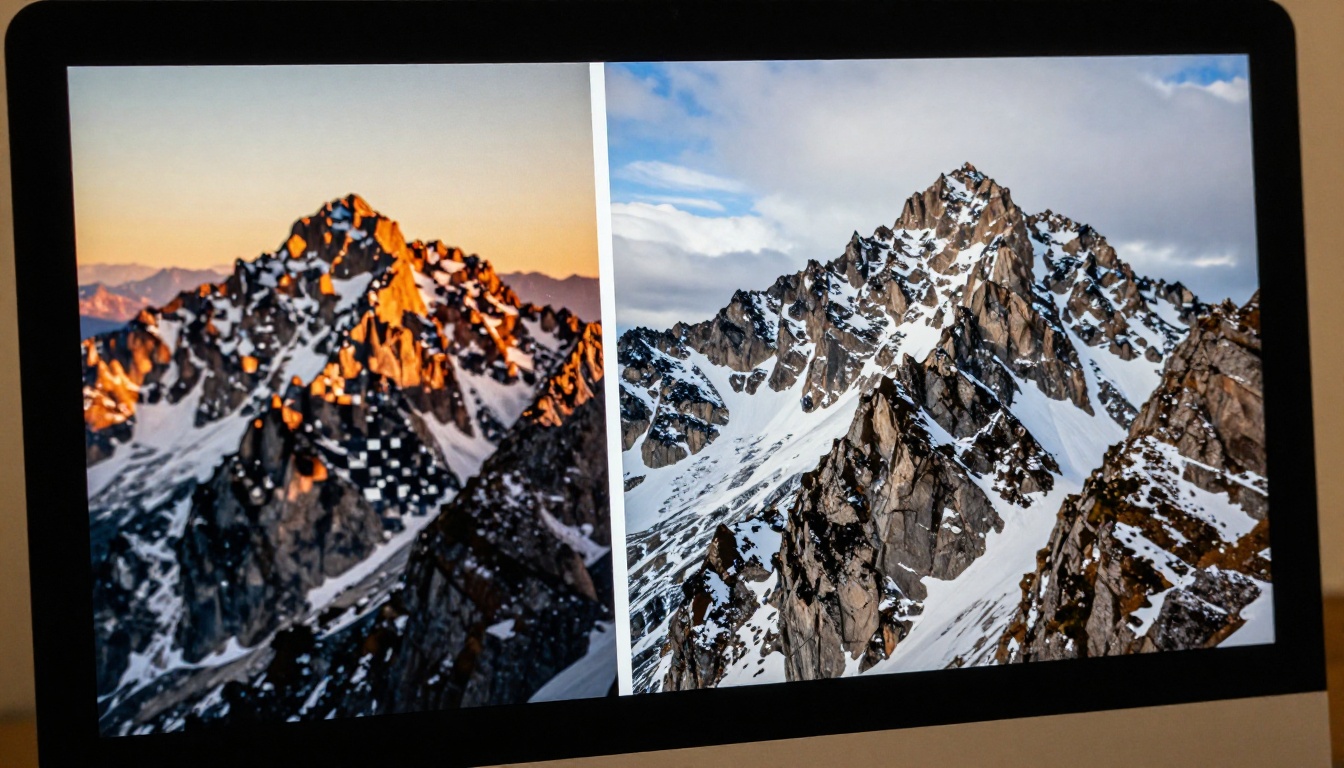 Before and after comparison of mountain image upscaled to 4K resolution displayed on a monitor screen with pixel artifacts visible on the left