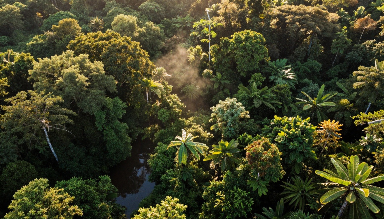 Aerial drone shot looking straight down at dense tropical rainforest canopy with golden morning sunlight and visible water droplets on leaves