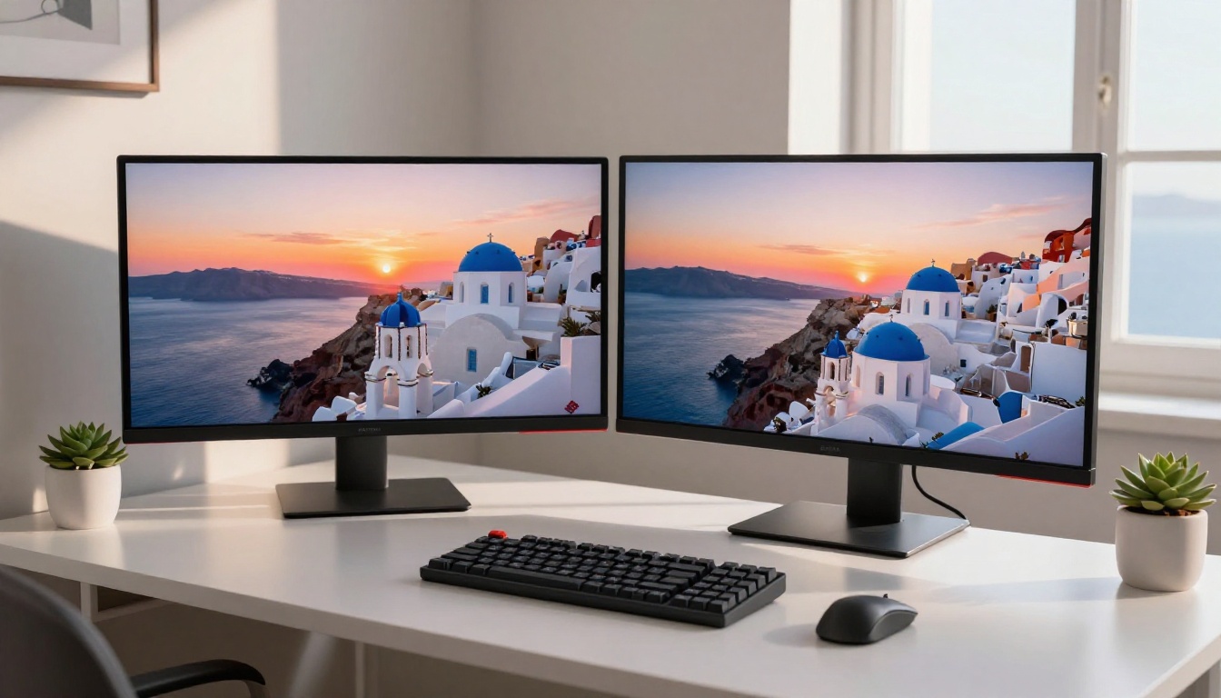 Modern dual ultrawide monitor setup displaying breathtaking Santorini Greece 4K wallpaper with white buildings and sunset sky