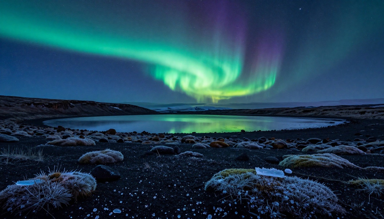 Vast Icelandic tundra at blue hour with green and violet Northern Lights reflecting in a glacial lake surrounded by frost-covered black sand