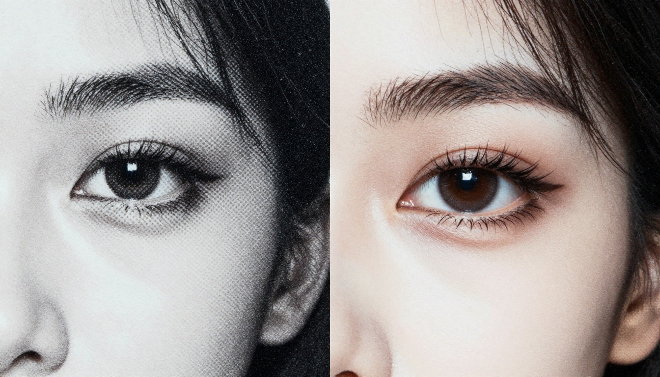 Extreme close-up macro comparison of printed photo surface showing pixelated CMYK ink dots on the left vs crisp AI-enhanced photorealistic output on the right