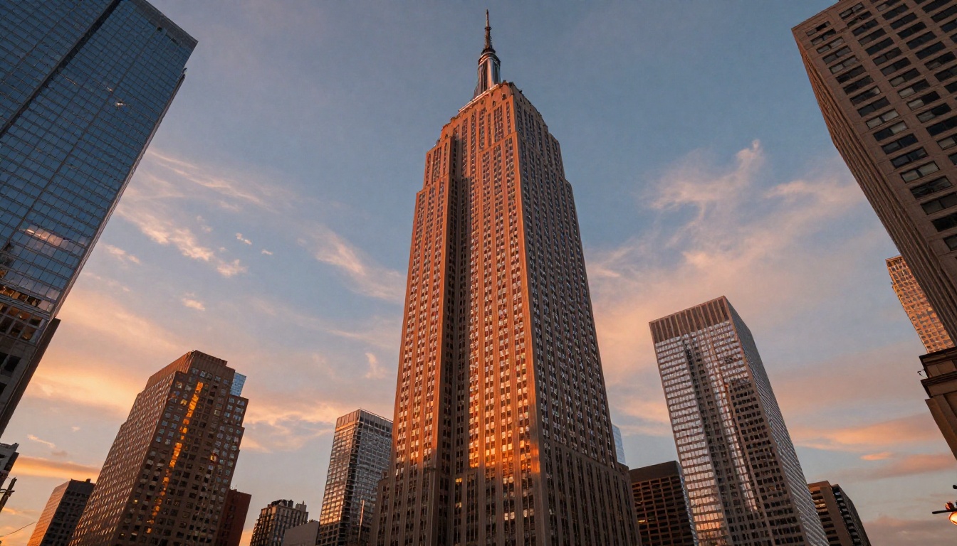 Low-angle view of Manhattan skyline at golden hour with glass skyscrapers reflecting orange sunset light, tilt-shift lens with converging vertical lines